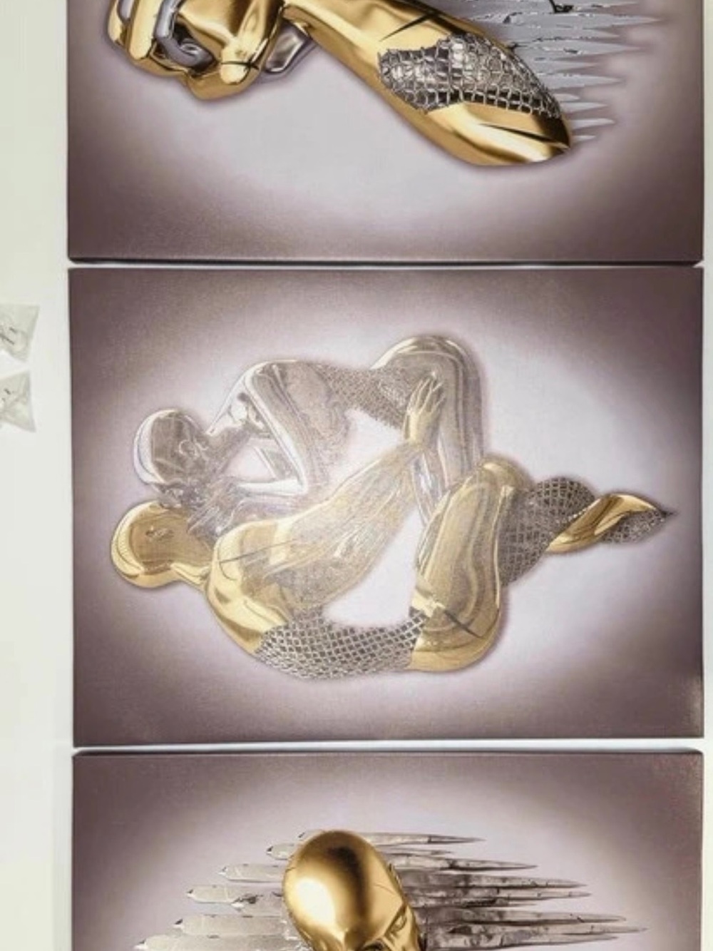 Set of 3 Abstract Metallic Gold and Silver Triptych Wall Art